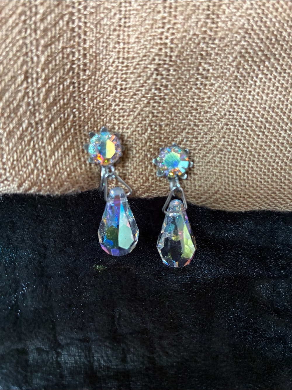 Vintage Crystal Teardrop Dangle Clip-On Earrings - Aurora Borealis